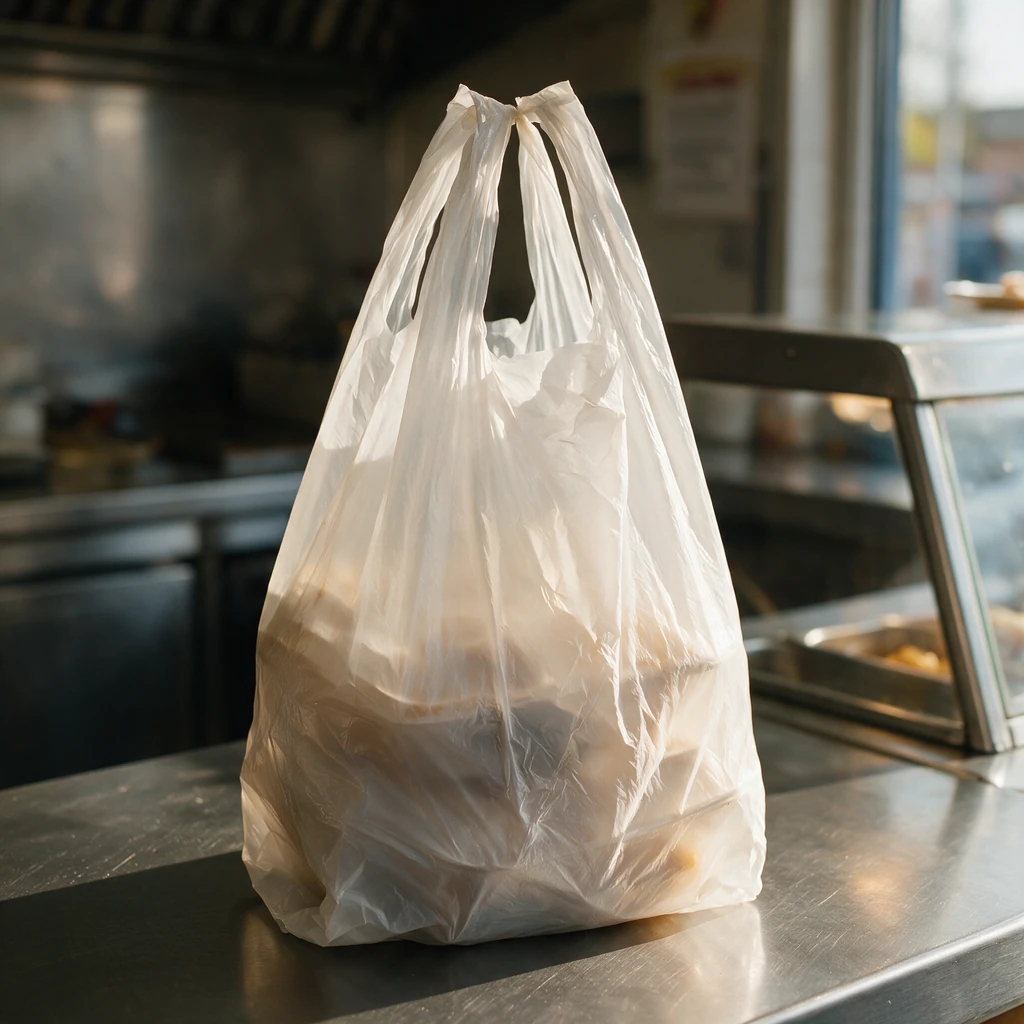 Sac bretelle HDPE blanc en polyéthylène 21 µ avec une commande à emporter sur un comptoir de friterie