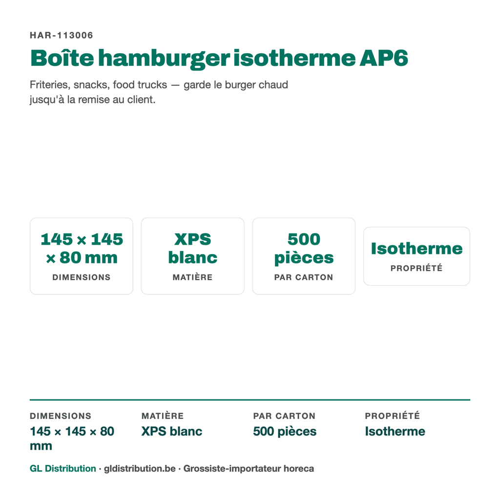 Boîte hamburger isotherme AP6 : format, matière et colisage en un coup d'œil