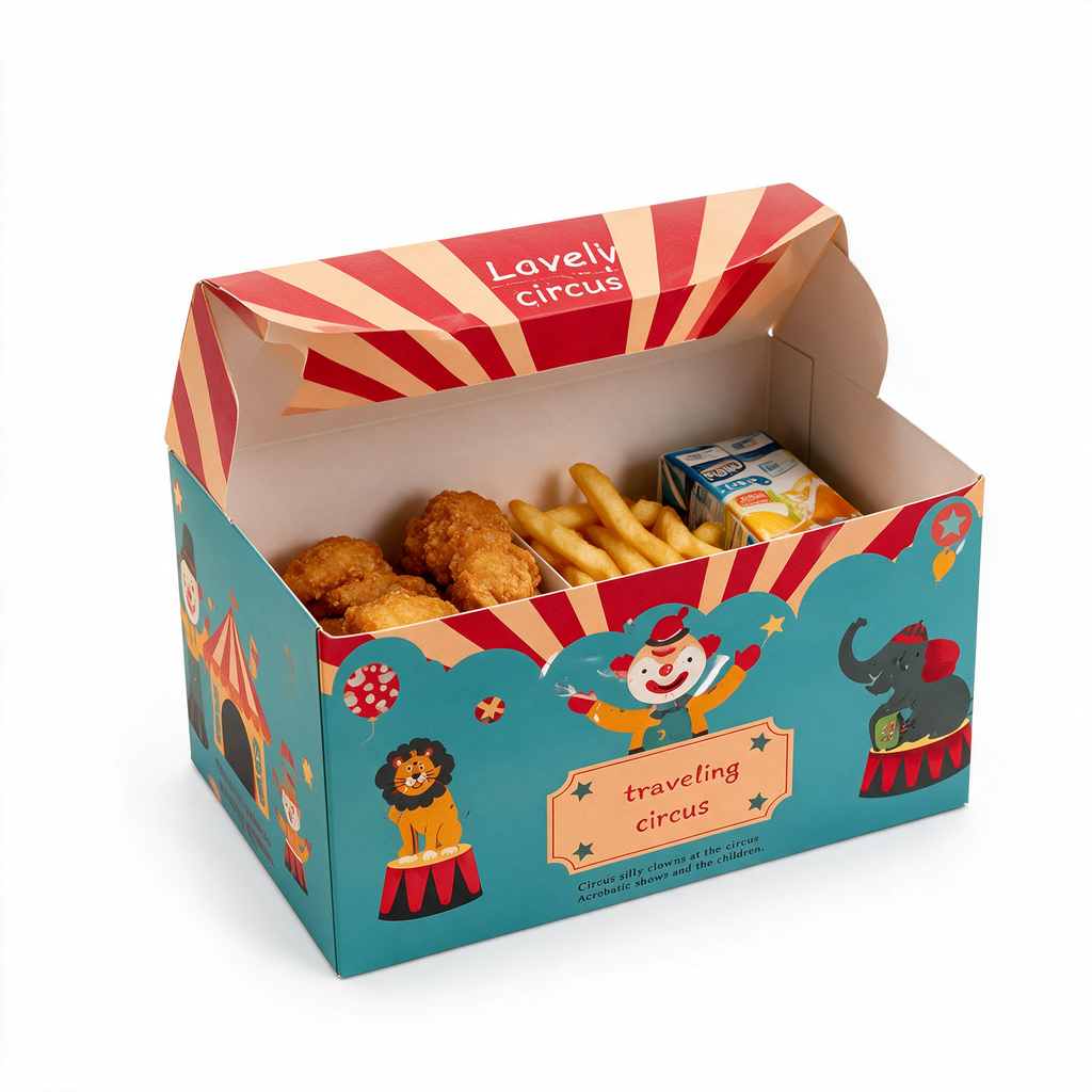 Boîte menu enfant Kid Box ouverte avec nuggets, frites et boisson