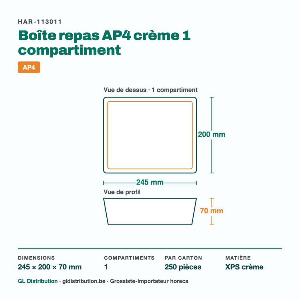 Dimensions de la boîte repas AP4 1 compartiment : 245 × 200 × 70 mm
