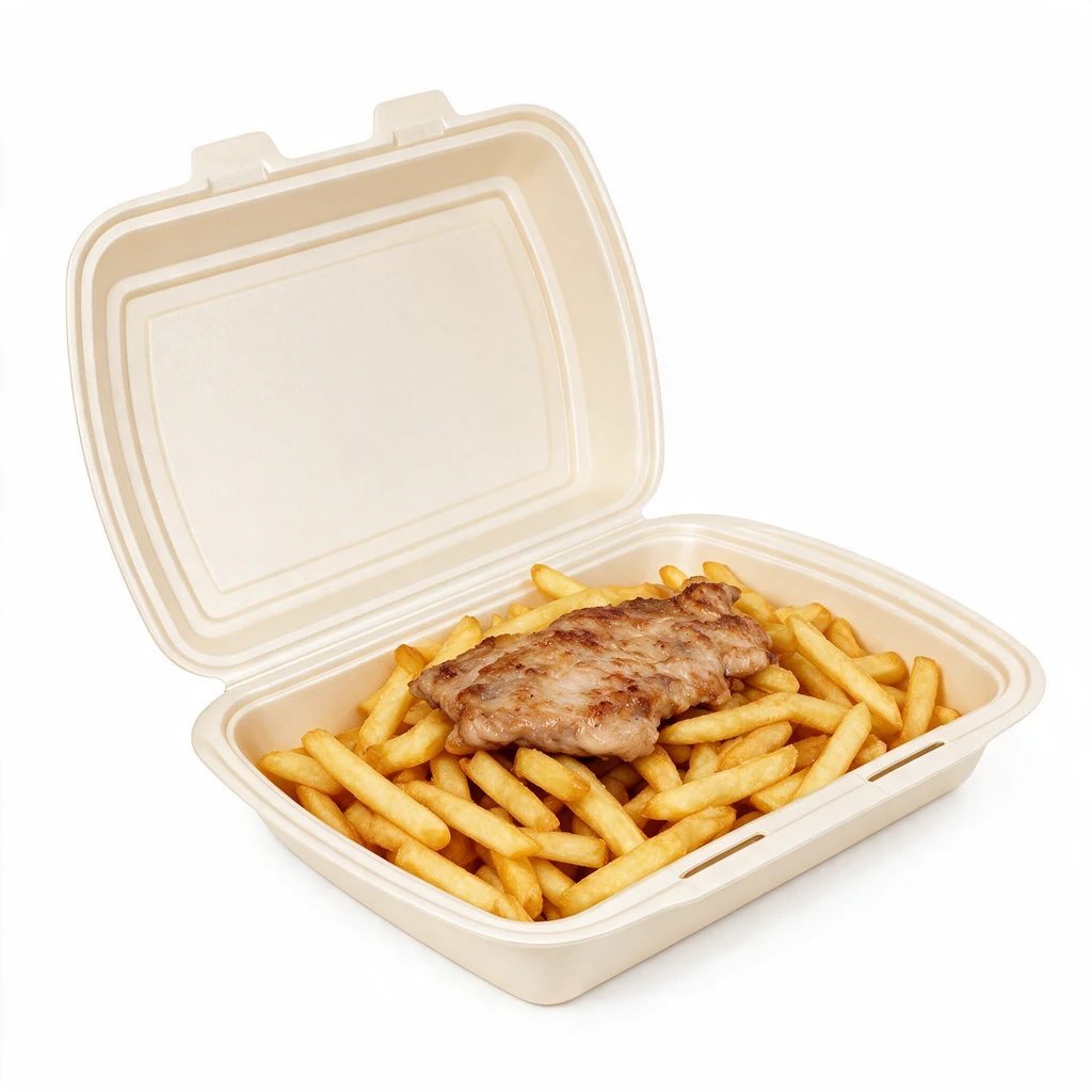 Boîte repas AP4 1 compartiment garnie de frites et de viande grillée
