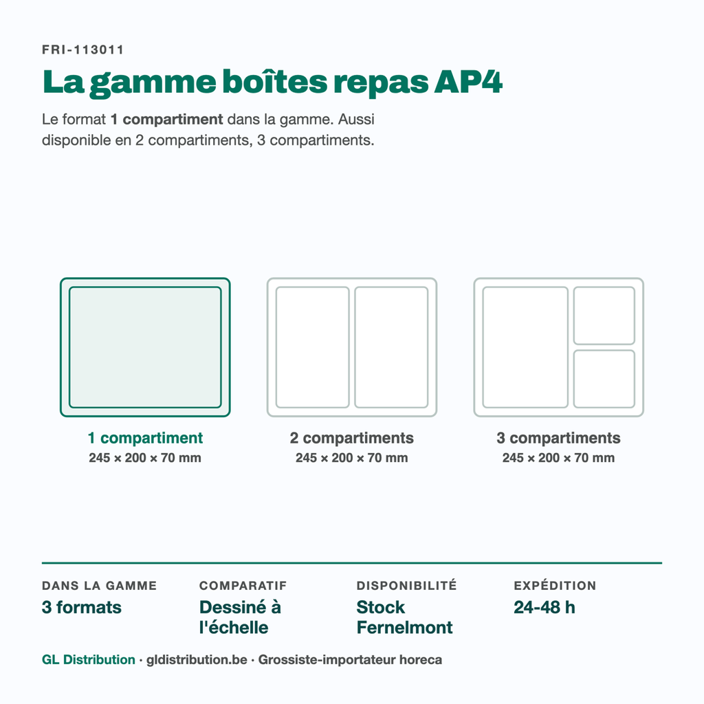 Boîte repas AP4 1 compartiment parmi les 3 cloisonnements de la gamme