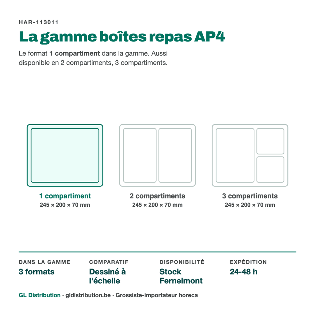 Boîte repas AP4 1 compartiment parmi les 3 cloisonnements de la gamme