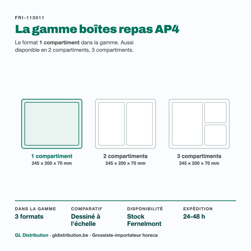 Boîte repas AP4 1 compartiment parmi les 3 cloisonnements de la gamme