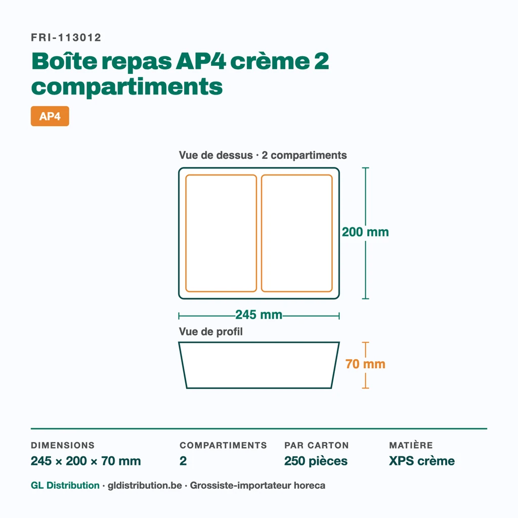 Dimensions de la boîte repas AP4 2 compartiments : 245 × 200 × 70 mm