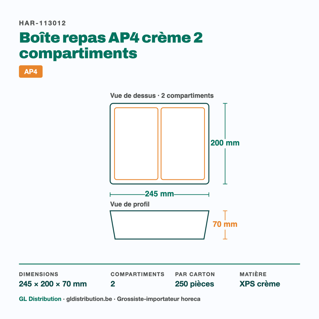 Dimensions de la boîte repas AP4 2 compartiments : 245 × 200 × 70 mm