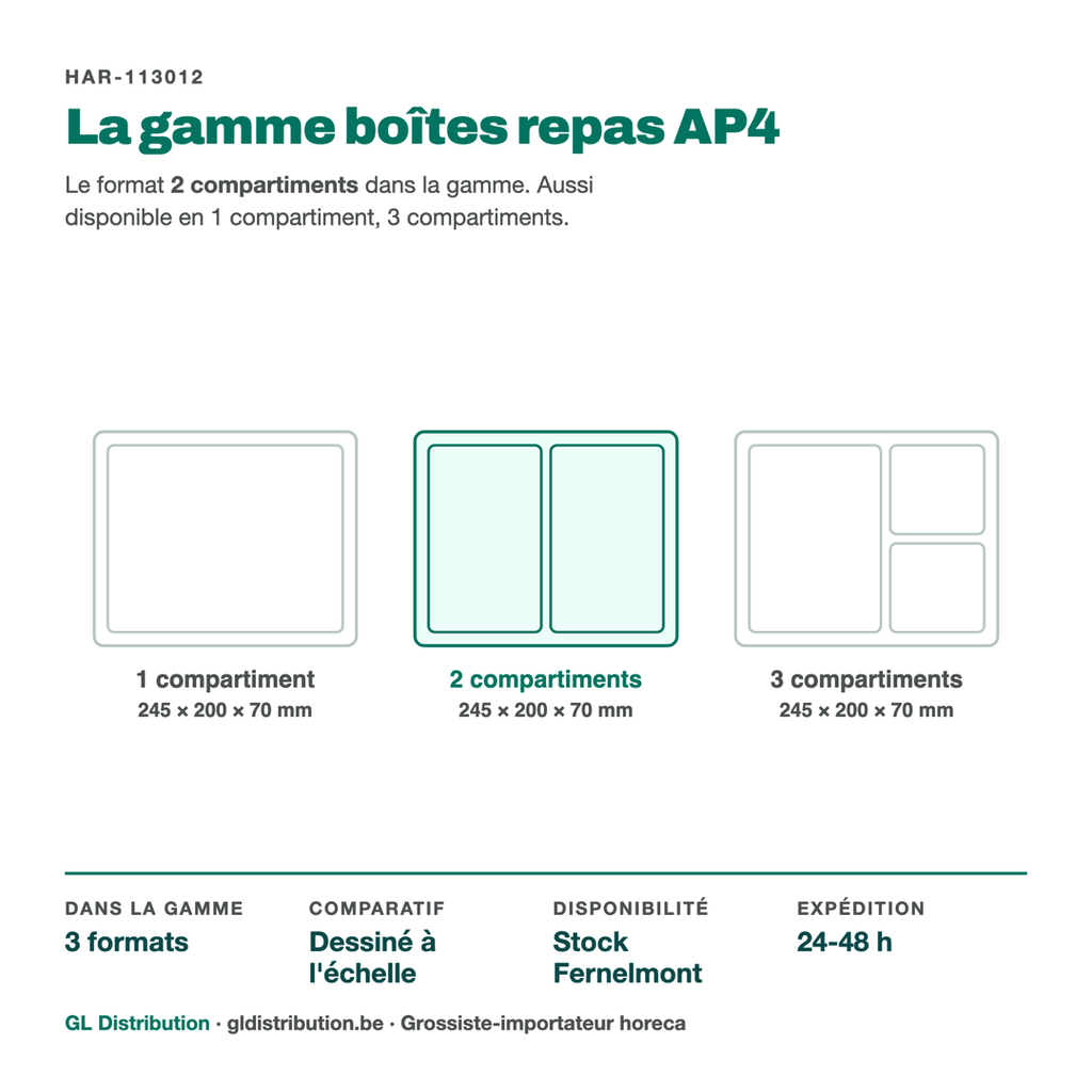 Boîte repas AP4 2 compartiments parmi les 3 cloisonnements de la gamme