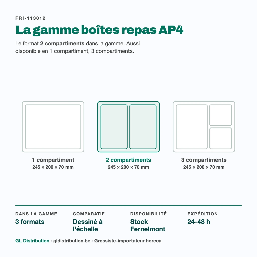 Boîte repas AP4 2 compartiments parmi les 3 cloisonnements de la gamme