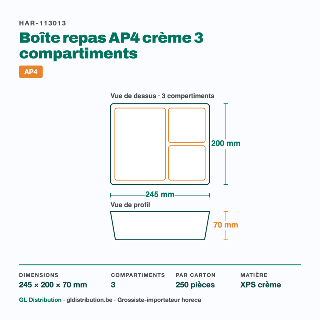 Dimensions de la boîte repas AP4 3 compartiments : 245 × 200 × 70 mm