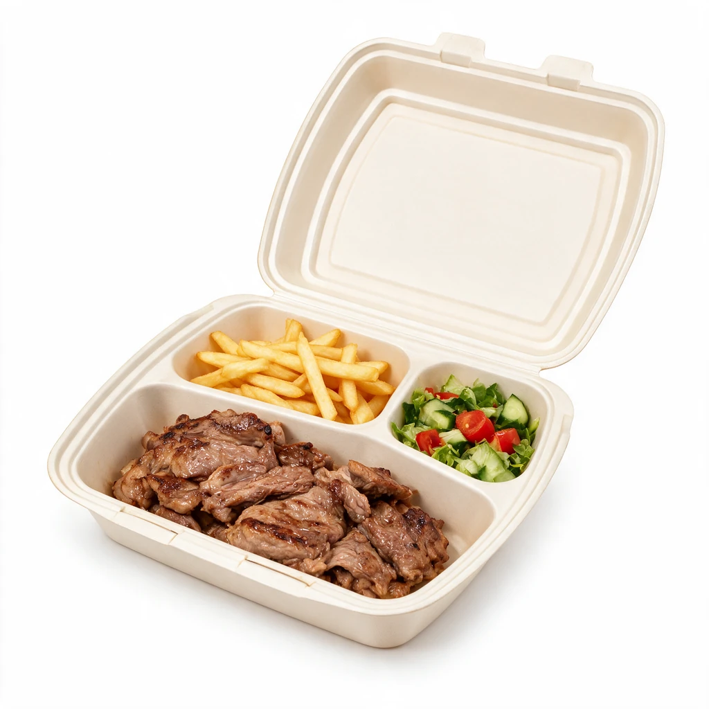 Boîte repas AP4 3 compartiments avec viande, frites et légumes séparés