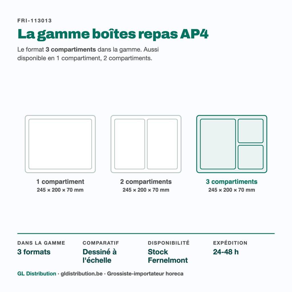 Boîte repas AP4 3 compartiments parmi les 3 cloisonnements de la gamme