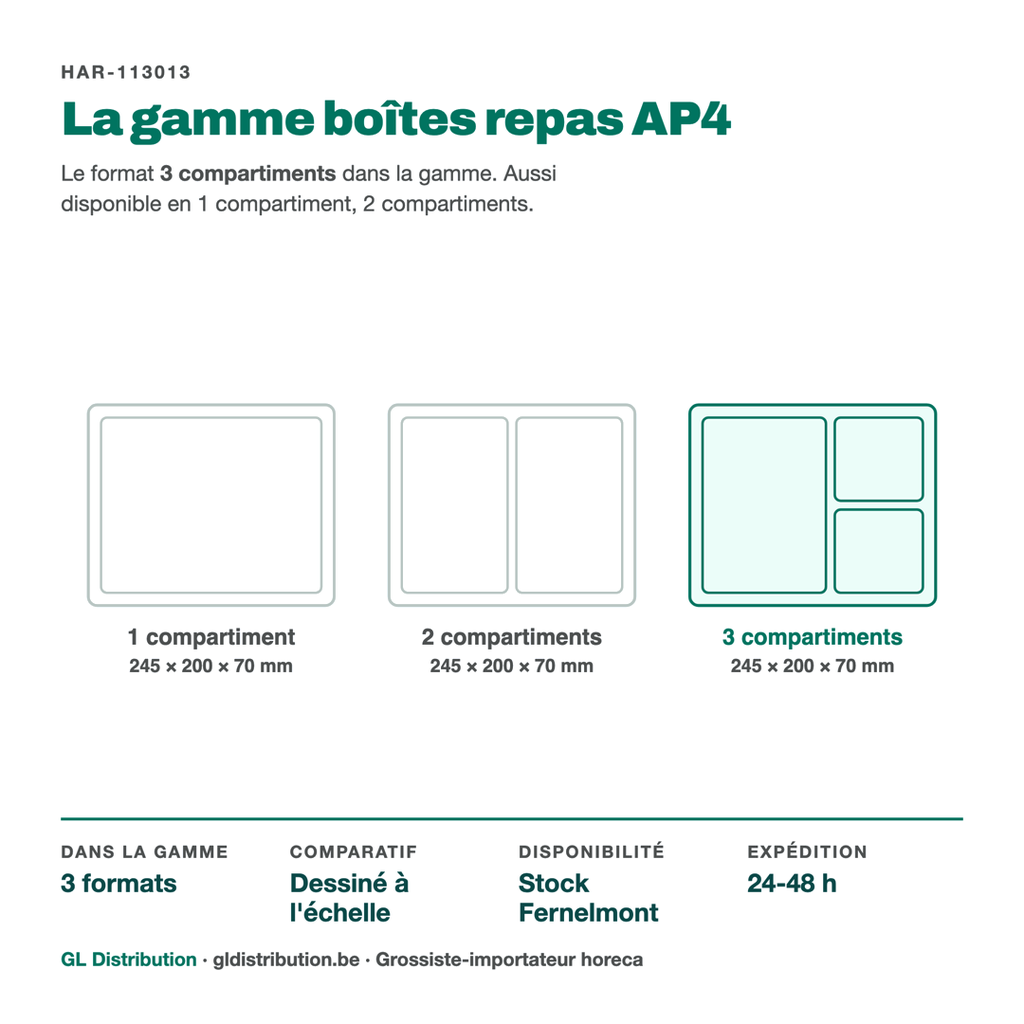 Boîte repas AP4 3 compartiments parmi les 3 cloisonnements de la gamme