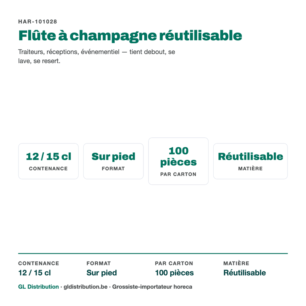 Flûte à champagne réutilisable : contenance, colisage et usage traiteur