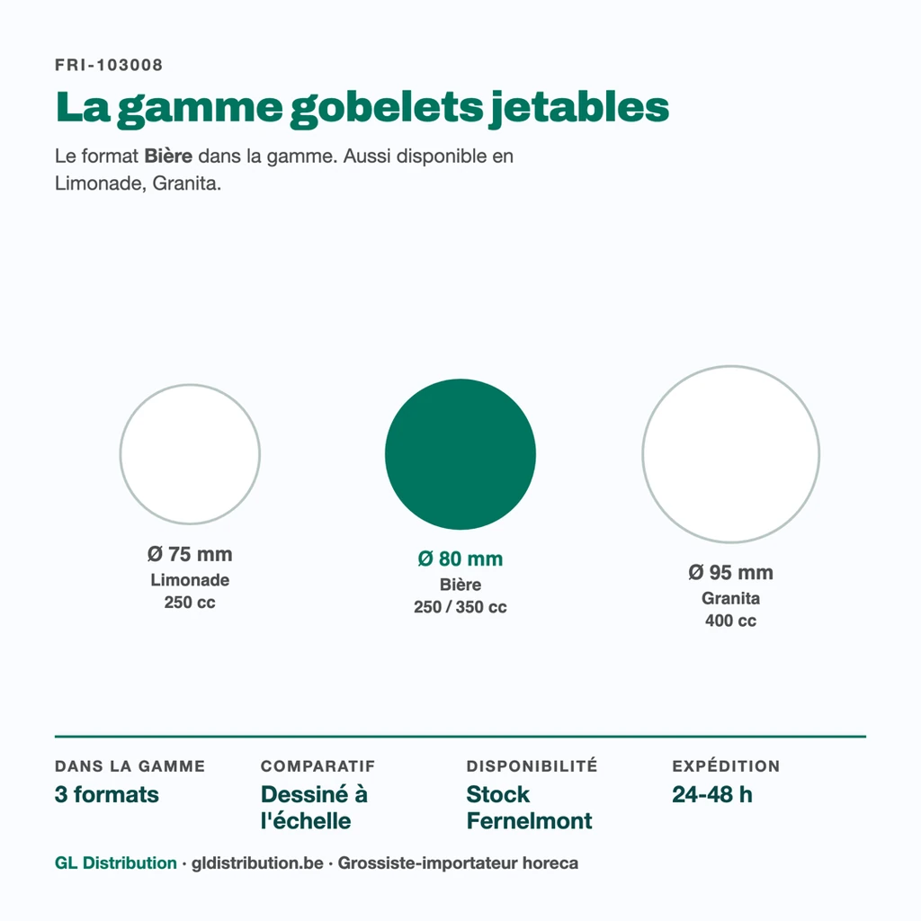 Gobelet bière Ø 80 mm parmi les 3 formats de la gamme gobelets jetables