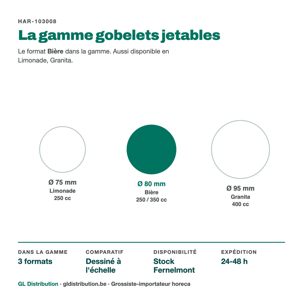 Gobelet bière Ø 80 mm parmi les 3 formats de la gamme gobelets jetables