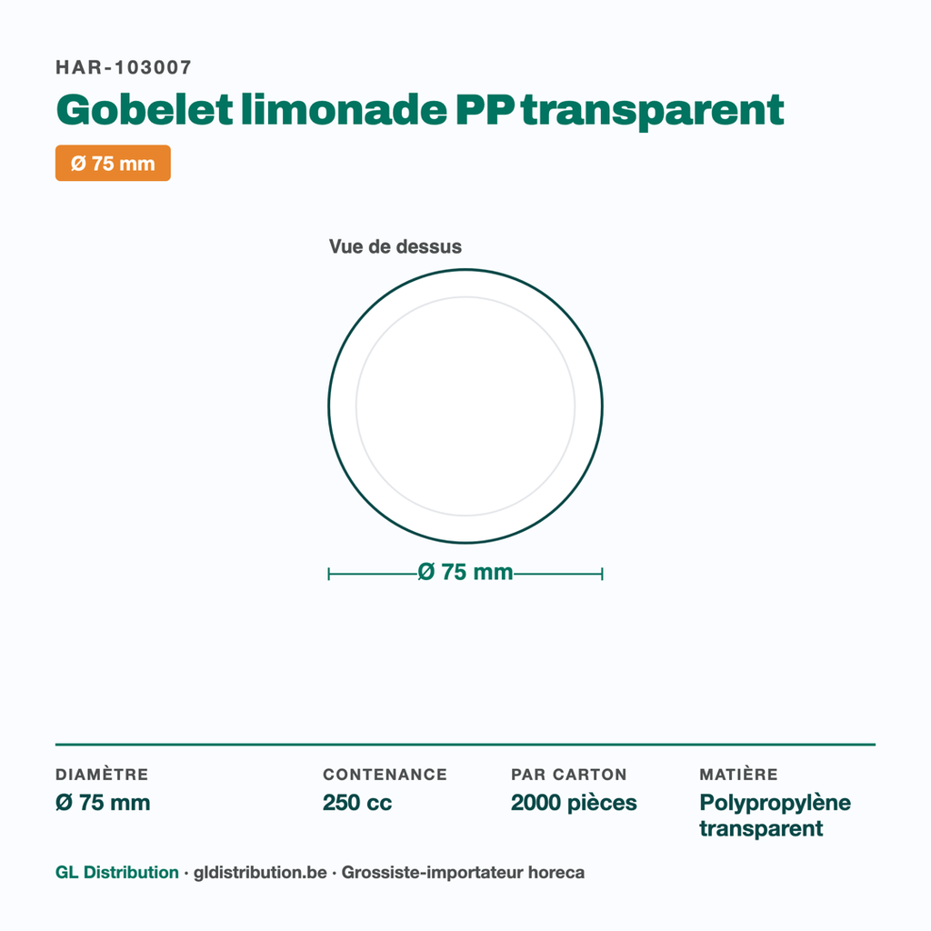Dimensions du gobelet limonade Ø 75 mm — 250 cc, 2000 pièces par carton