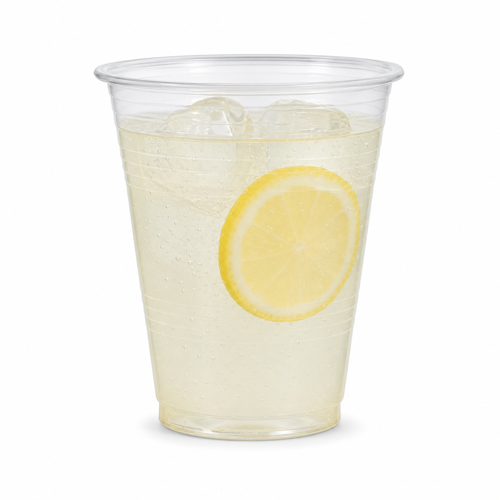 Gobelet limonade PP transparent rempli de limonade avec une rondelle de citron