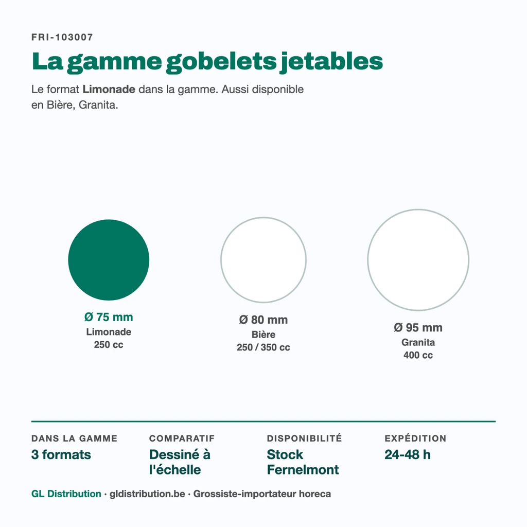 Gobelet limonade Ø 75 mm parmi les 3 formats de la gamme gobelets jetables