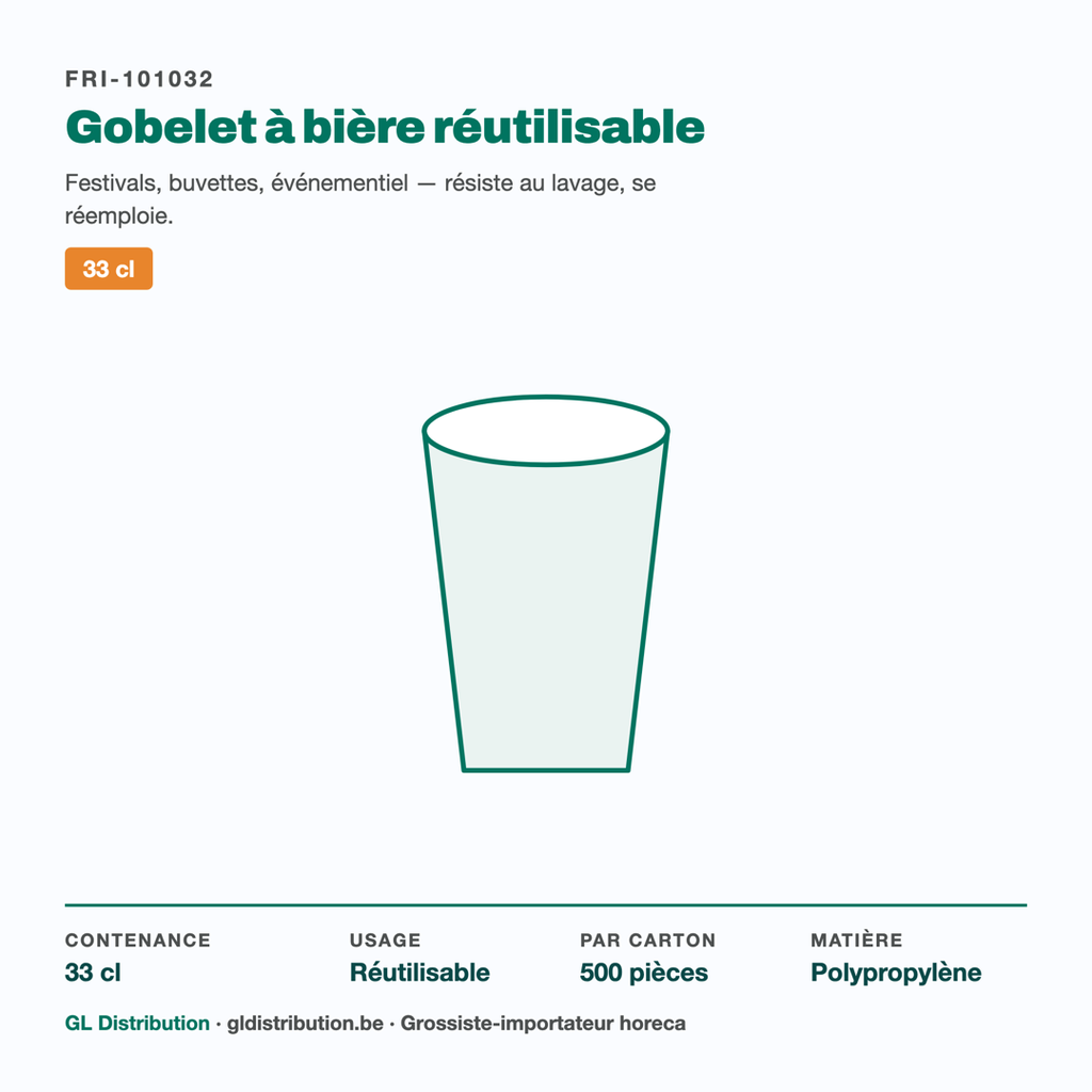 Gobelet à bière réutilisable 33 cl : contenance, colisage et usage événementiel