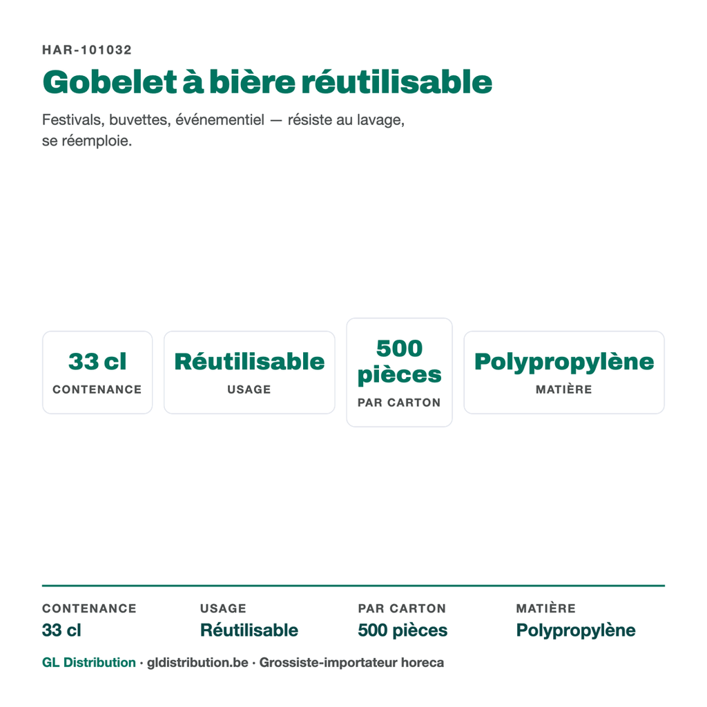 Gobelet à bière réutilisable 33 cl : contenance, colisage et usage événementiel