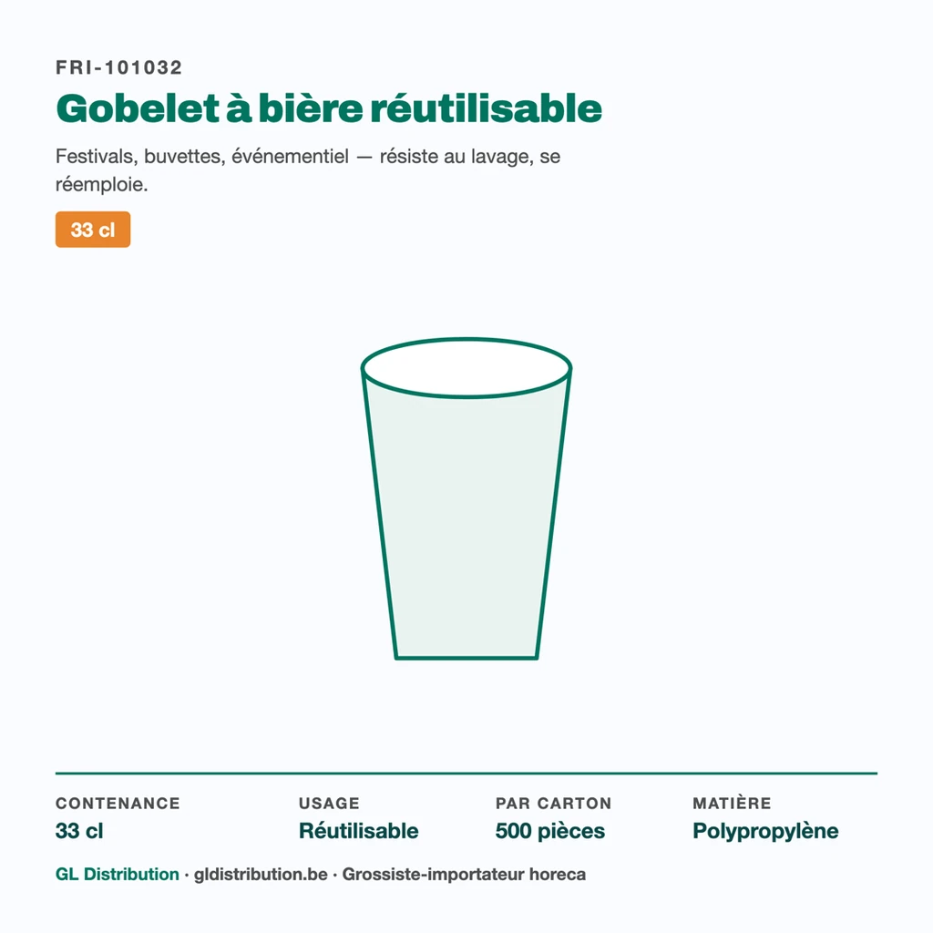 Gobelet à bière réutilisable 33 cl : contenance, colisage et usage événementiel