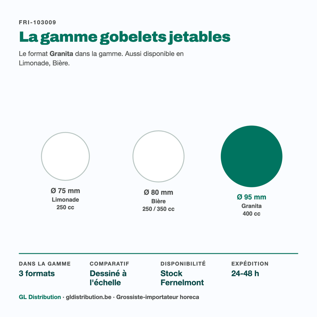 Gobelet à granita Ø 95 mm parmi les 3 formats de la gamme gobelets jetables