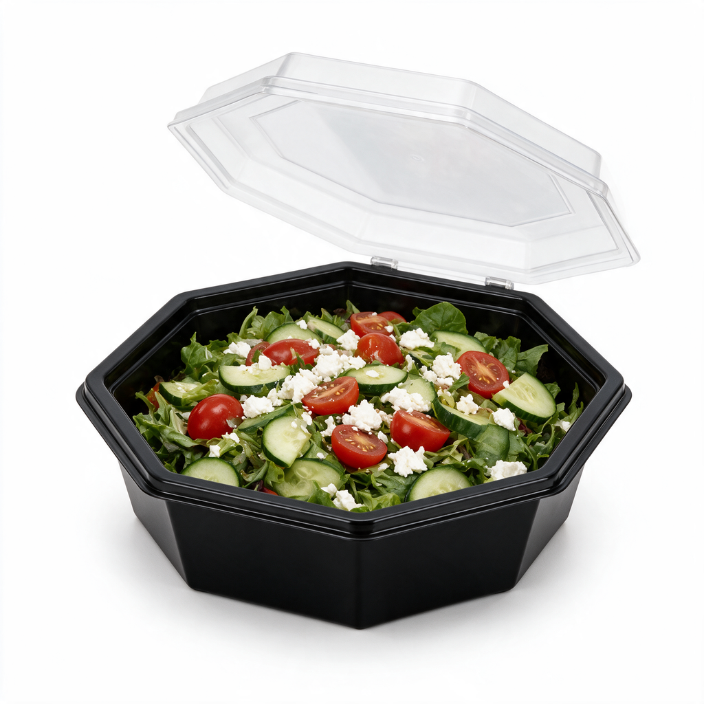 Boîte Octaview noire ouverte, garnie d'une salade composée fraîche
