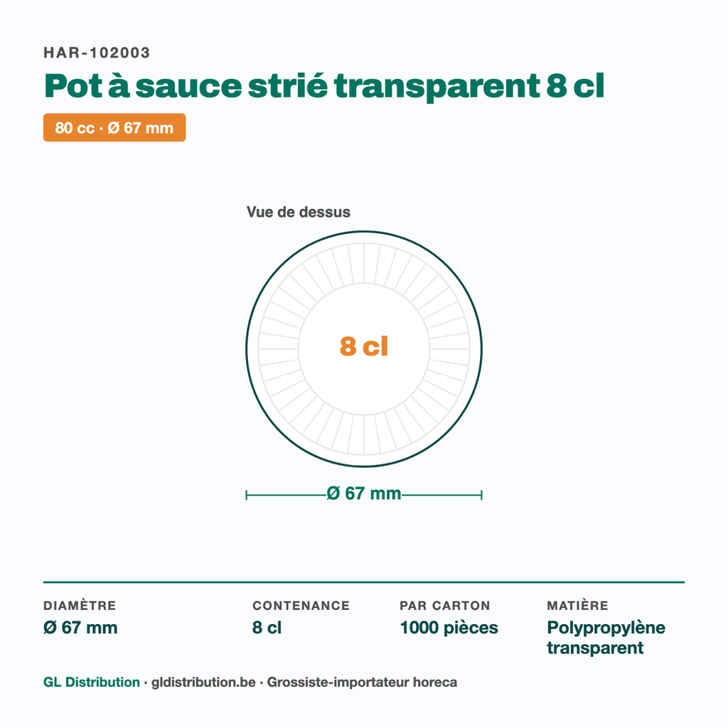 Dimensions du pot à sauce strié Ø 67 mm — contenance 8 cl, 1000 pièces par carton