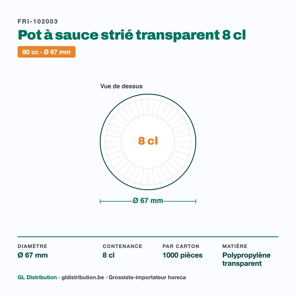 Dimensions du pot à sauce strié Ø 67 mm — contenance 8 cl, 1000 pièces par carton