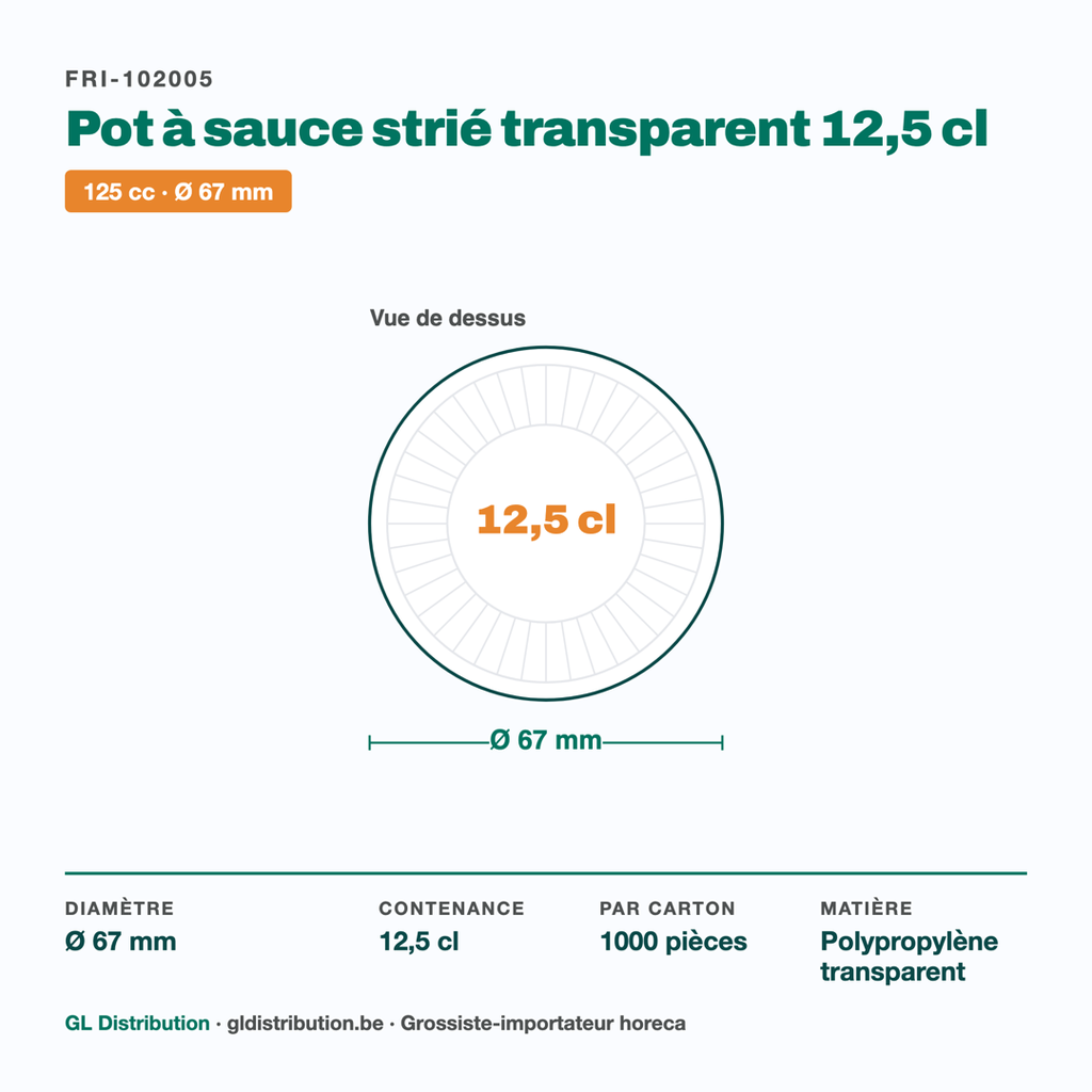 Dimensions du pot à sauce strié Ø 67 mm — contenance 12,5 cl, 1000 pièces par carton