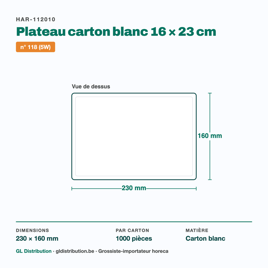 Dimensions du plateau carton blanc 16 × 23 cm — 1000 pièces par carton