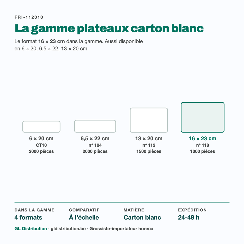 Plateau carton 16 × 23 cm parmi les 4 formats de la gamme, dessinés à l'échelle