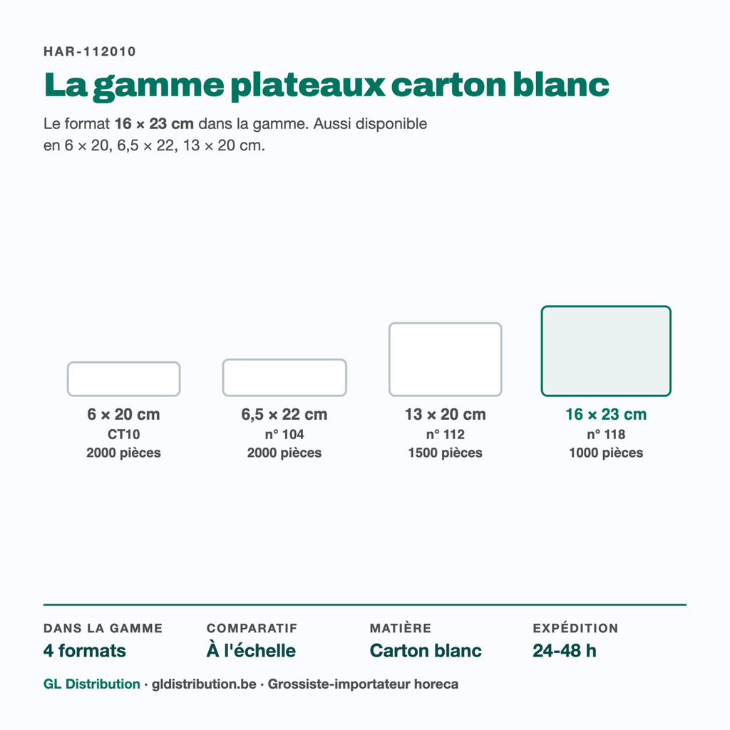 Plateau carton 16 × 23 cm parmi les 4 formats de la gamme, dessinés à l'échelle
