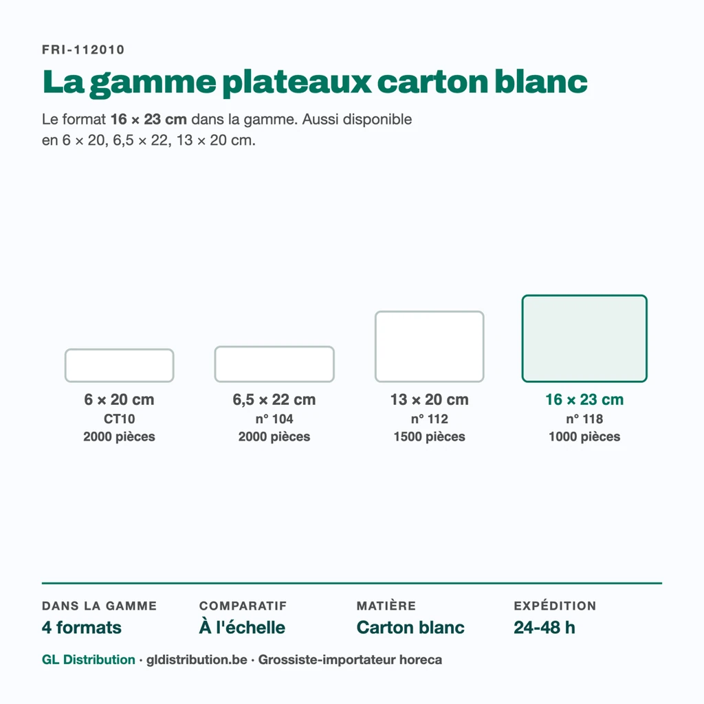 Plateau carton 16 × 23 cm parmi les 4 formats de la gamme, dessinés à l'échelle