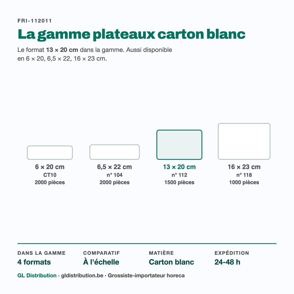 Plateau carton 13 × 20 cm parmi les 4 formats de la gamme, dessinés à l'échelle