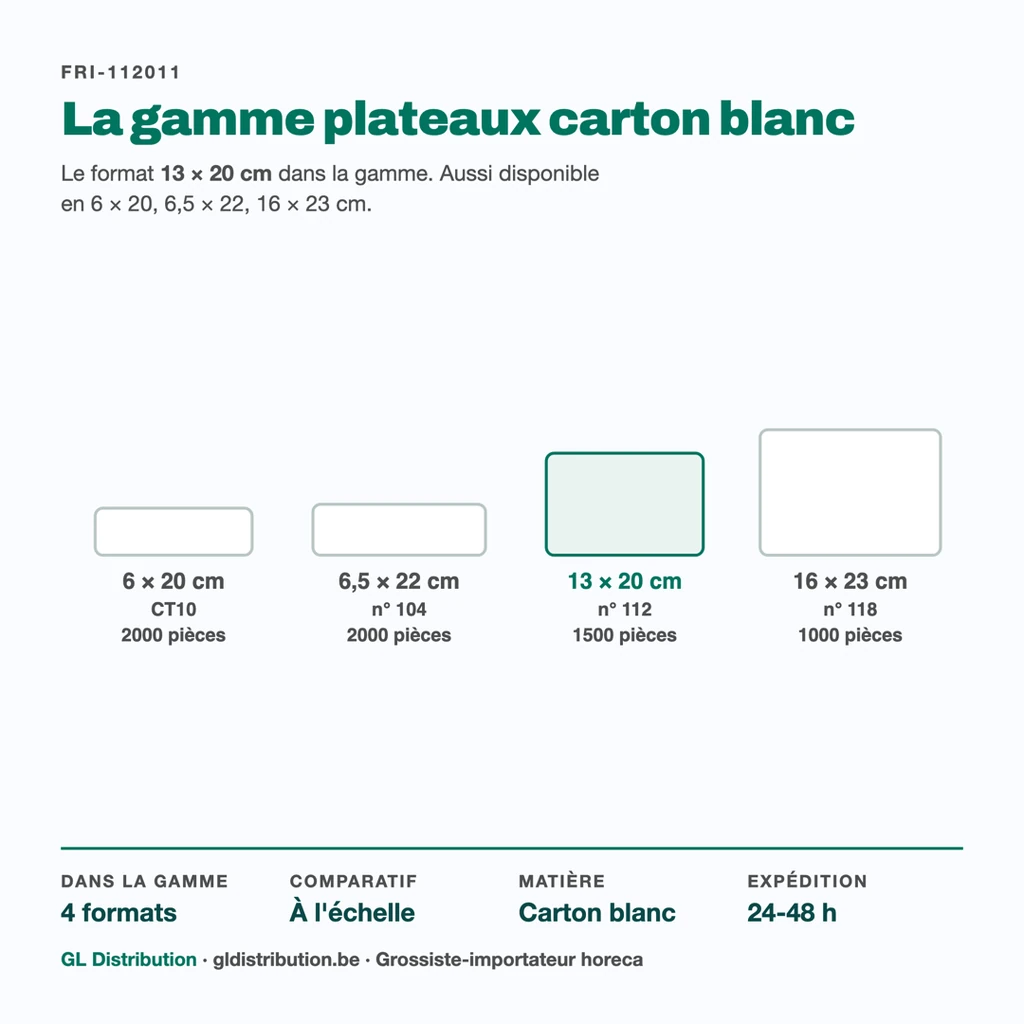 Plateau carton 13 × 20 cm parmi les 4 formats de la gamme, dessinés à l'échelle
