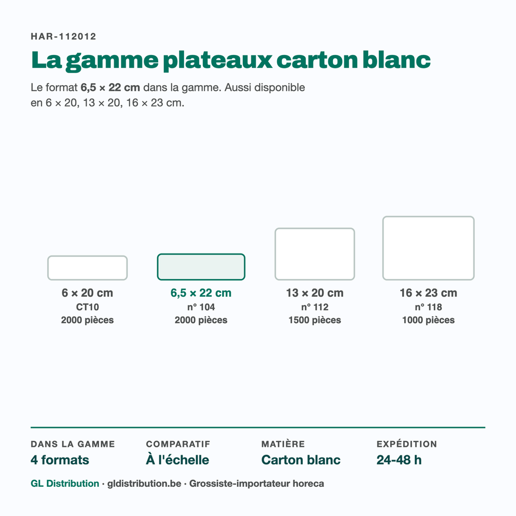 Plateau carton 6,5 × 22 cm parmi les 4 formats de la gamme, dessinés à l'échelle