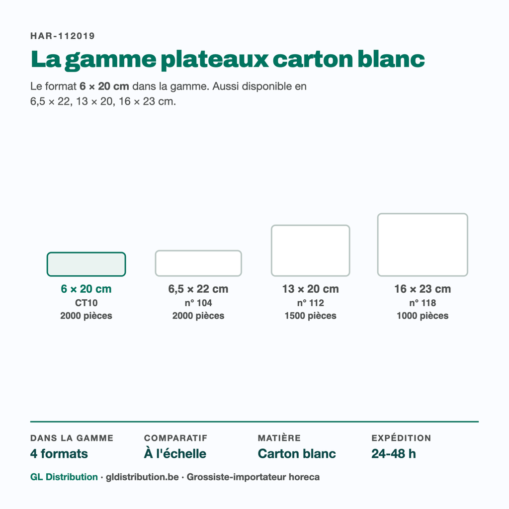 Plateau carton 6 × 20 cm parmi les 4 formats de la gamme, dessinés à l'échelle