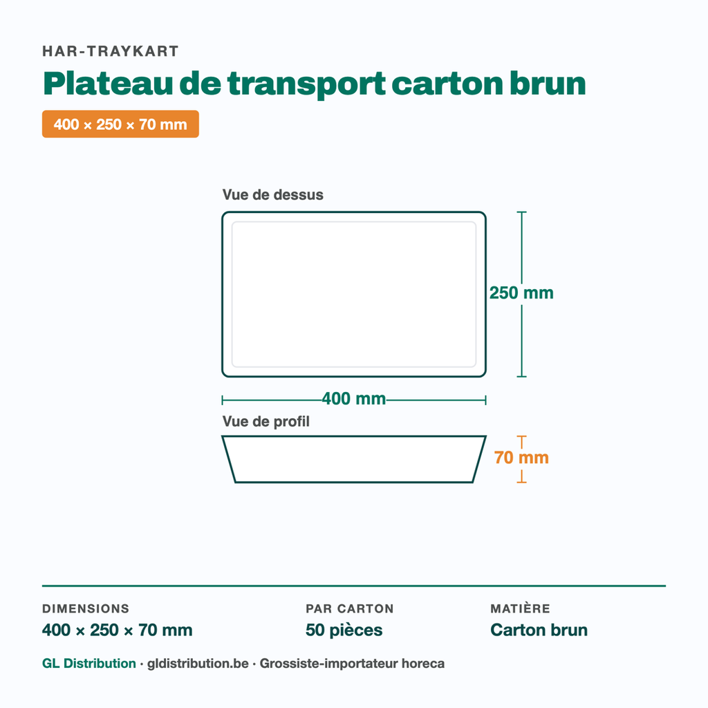 Dimensions du plateau de transport carton brun : 400 × 250 × 70 mm — 50 pièces
