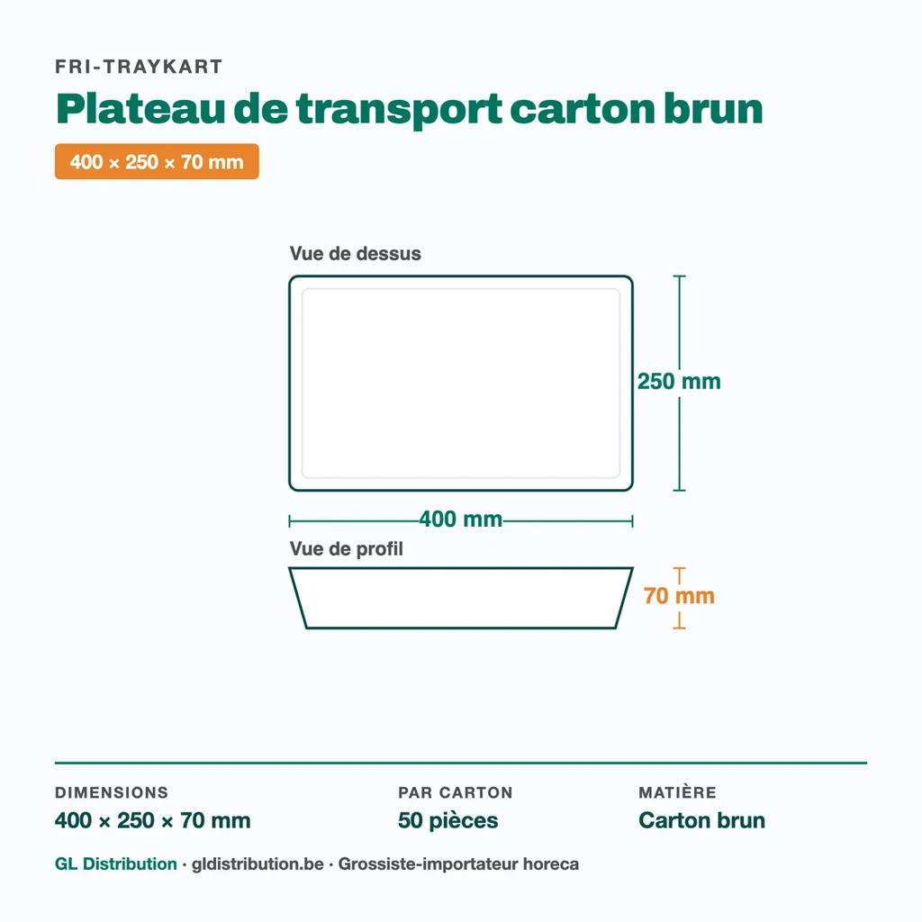 Dimensions du plateau de transport carton brun : 400 × 250 × 70 mm — 50 pièces