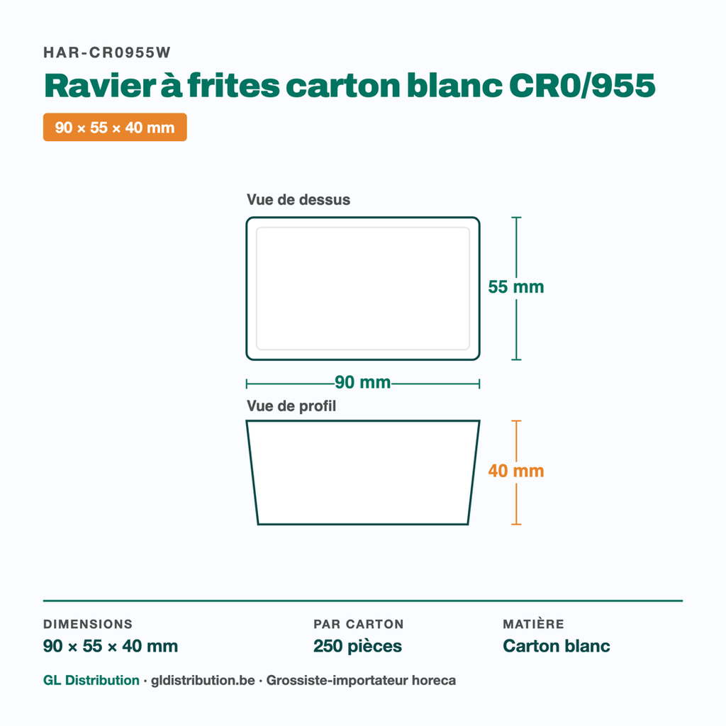 Dimensions du ravier à frites carton CR0/955 : 90 × 55 × 40 mm — 250 pièces