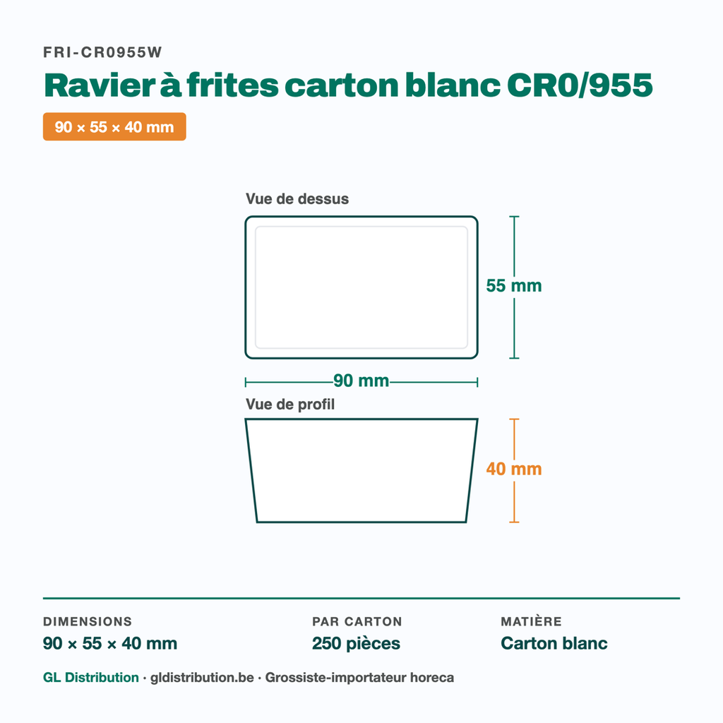 Dimensions du ravier à frites carton CR0/955 : 90 × 55 × 40 mm — 250 pièces