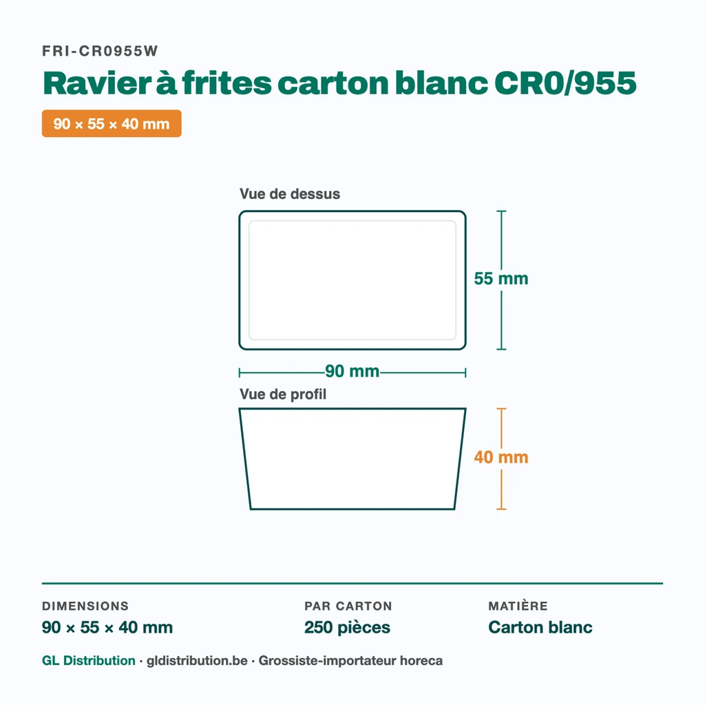 Dimensions du ravier à frites carton CR0/955 : 90 × 55 × 40 mm — 250 pièces