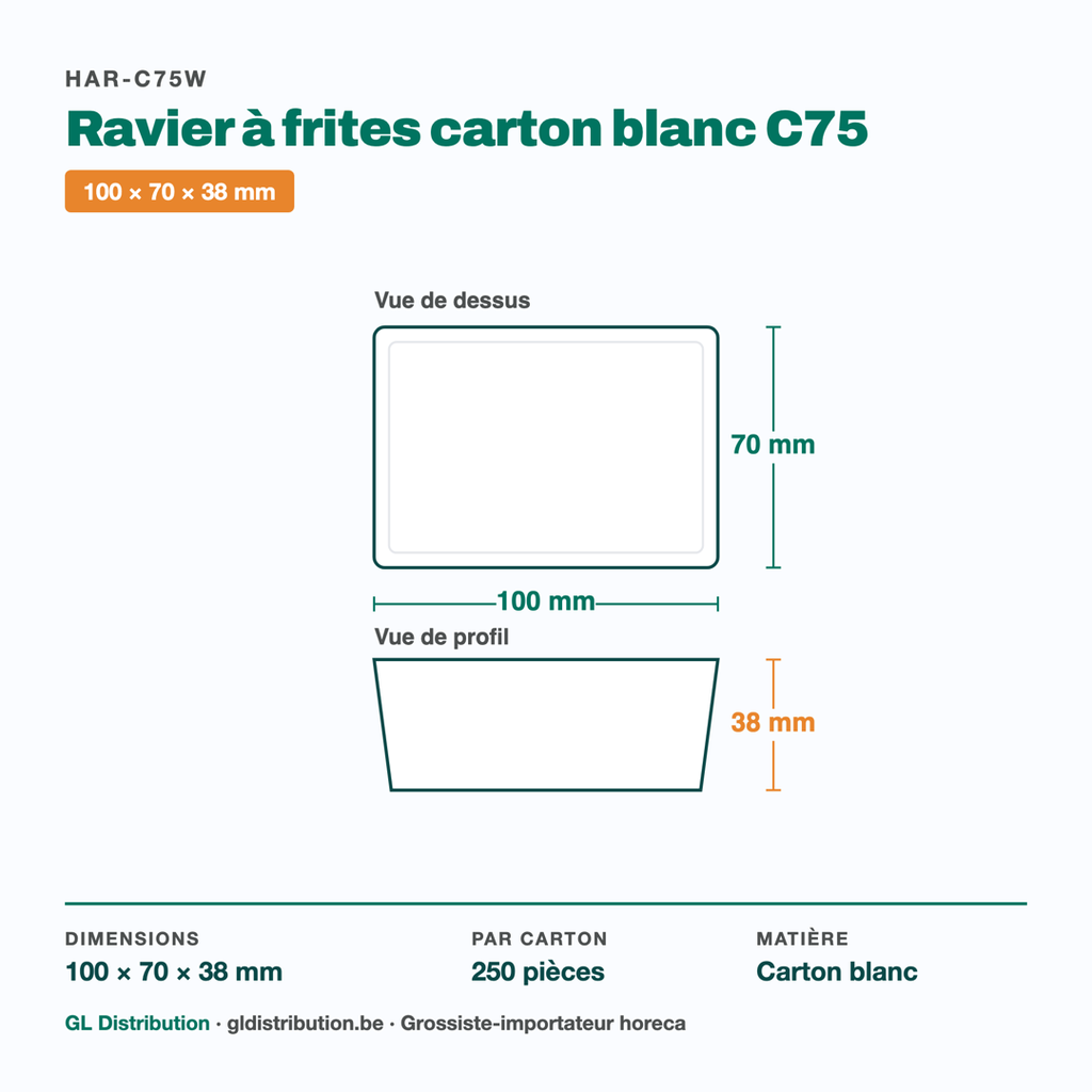 Dimensions du ravier à frites carton C75 : 100 × 70 × 38 mm — 250 pièces par carton