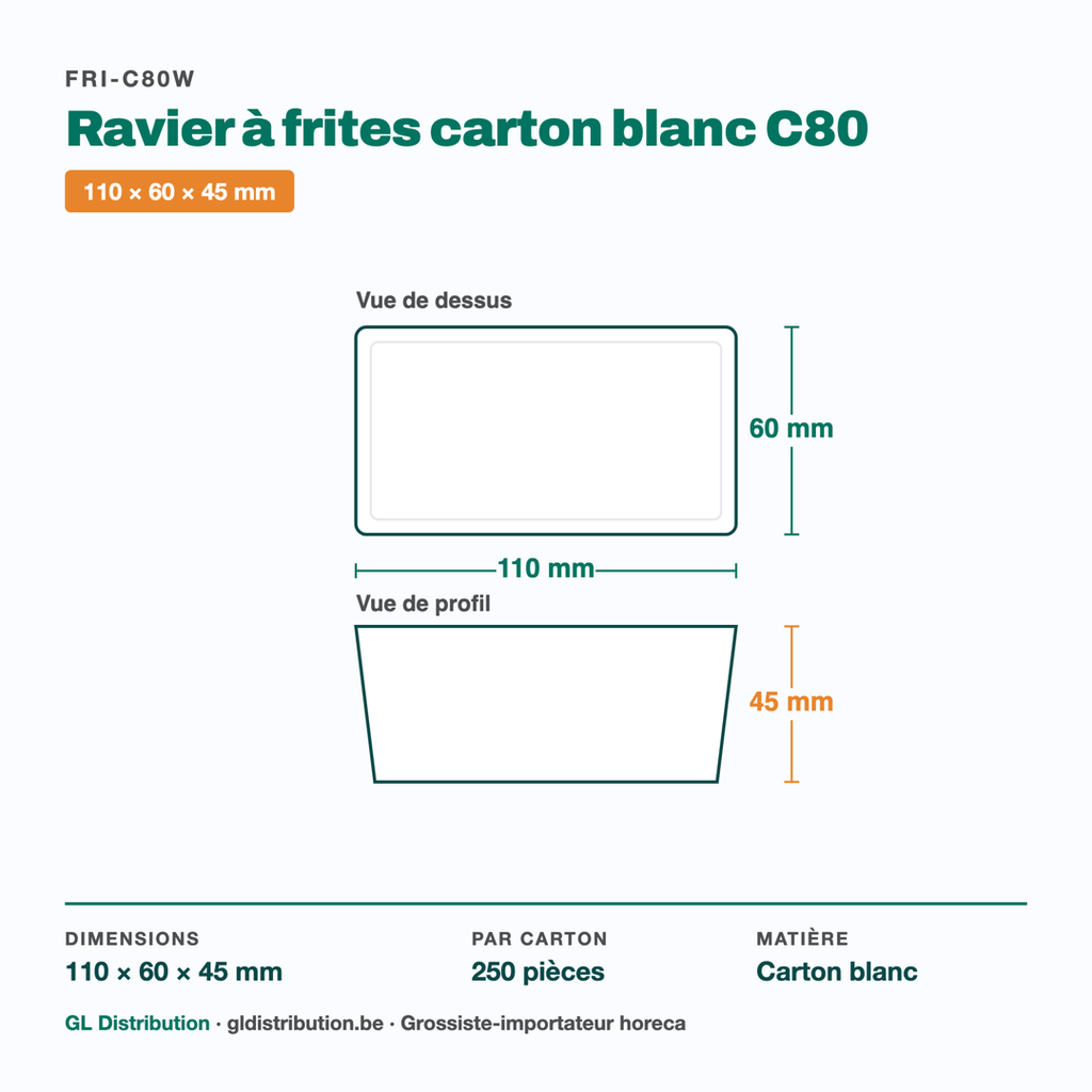 Dimensions du ravier à frites carton C80 : 110 × 60 × 45 mm — 250 pièces par carton