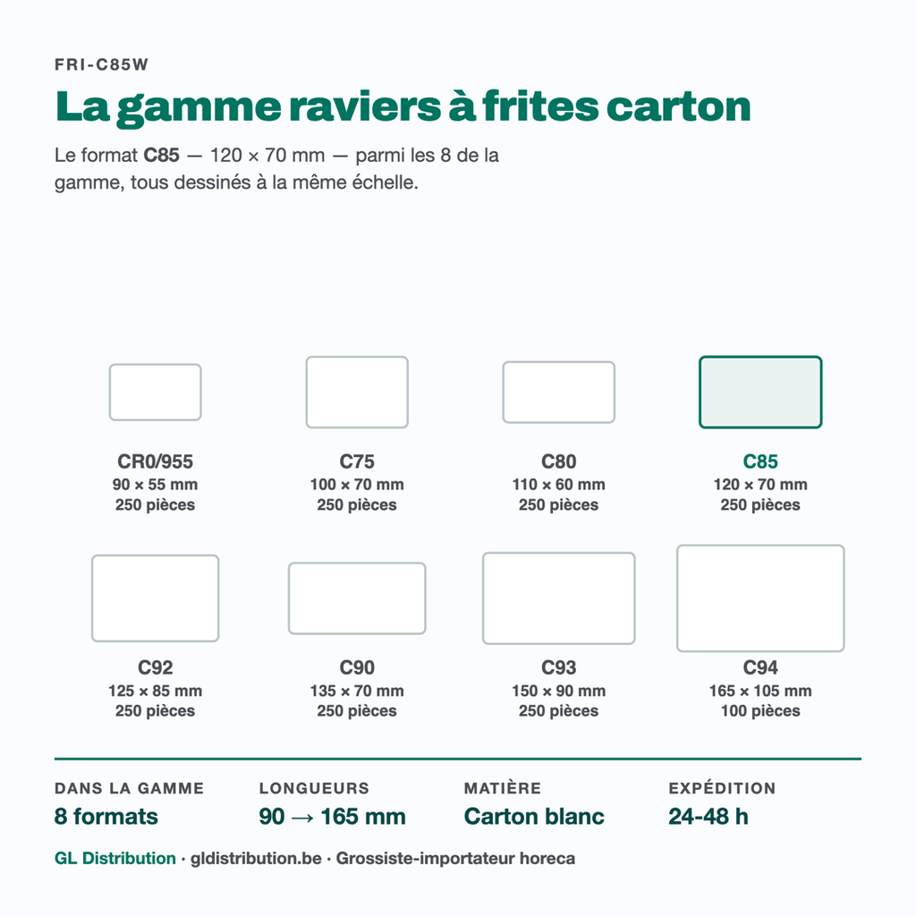 Ravier à frites C85 parmi les 8 formats de la gamme carton, à l'échelle