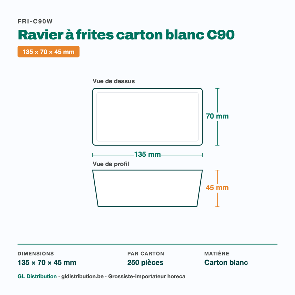 Dimensions du ravier à frites carton C90 : 135 × 70 × 45 mm — 250 pièces par carton