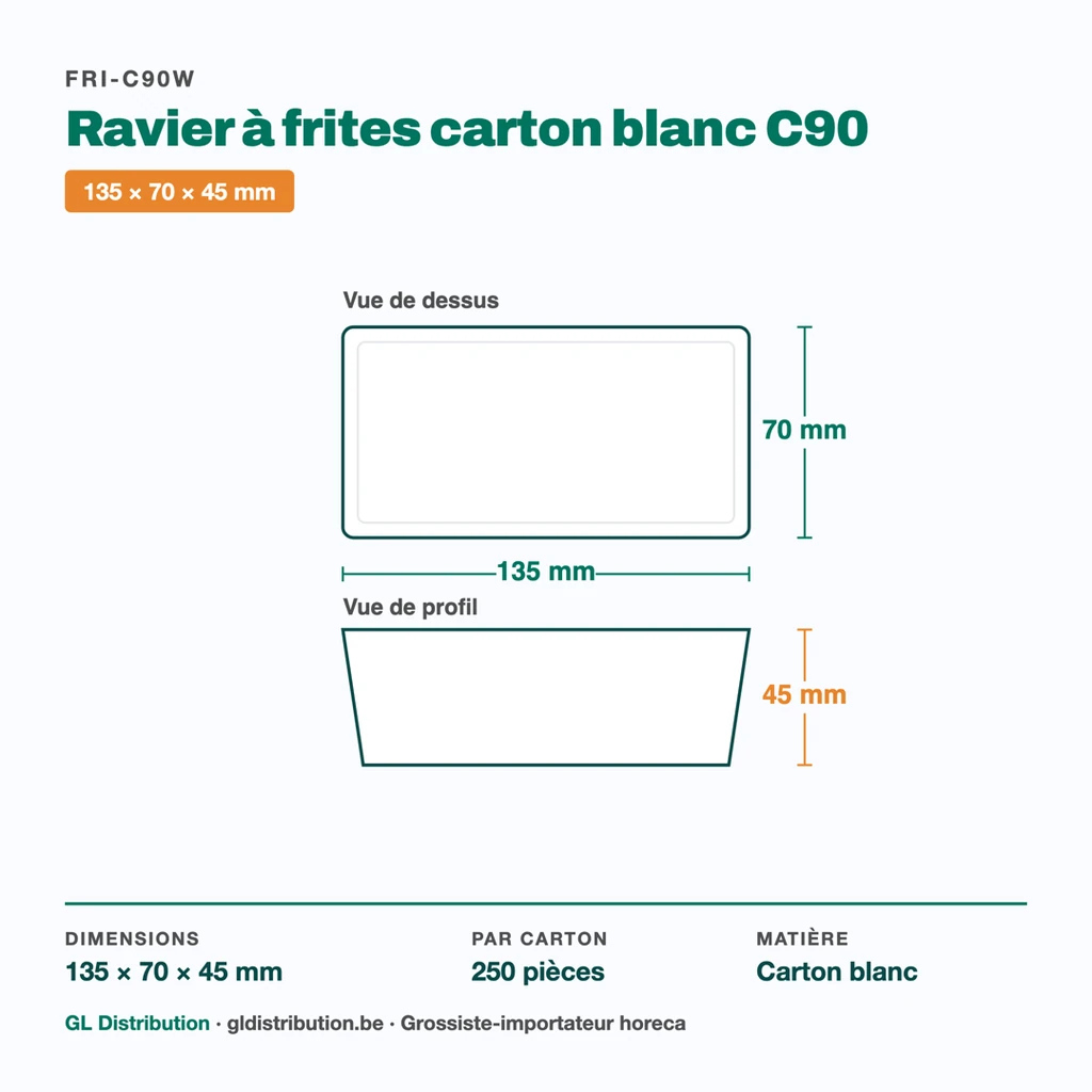 Dimensions du ravier à frites carton C90 : 135 × 70 × 45 mm — 250 pièces par carton