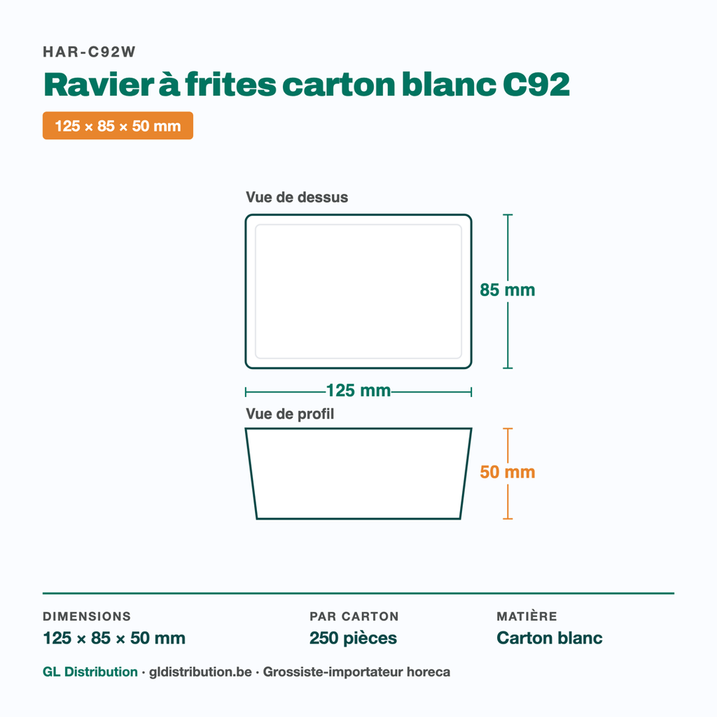 Dimensions du ravier à frites carton C92 : 125 × 85 × 50 mm — 250 pièces par carton
