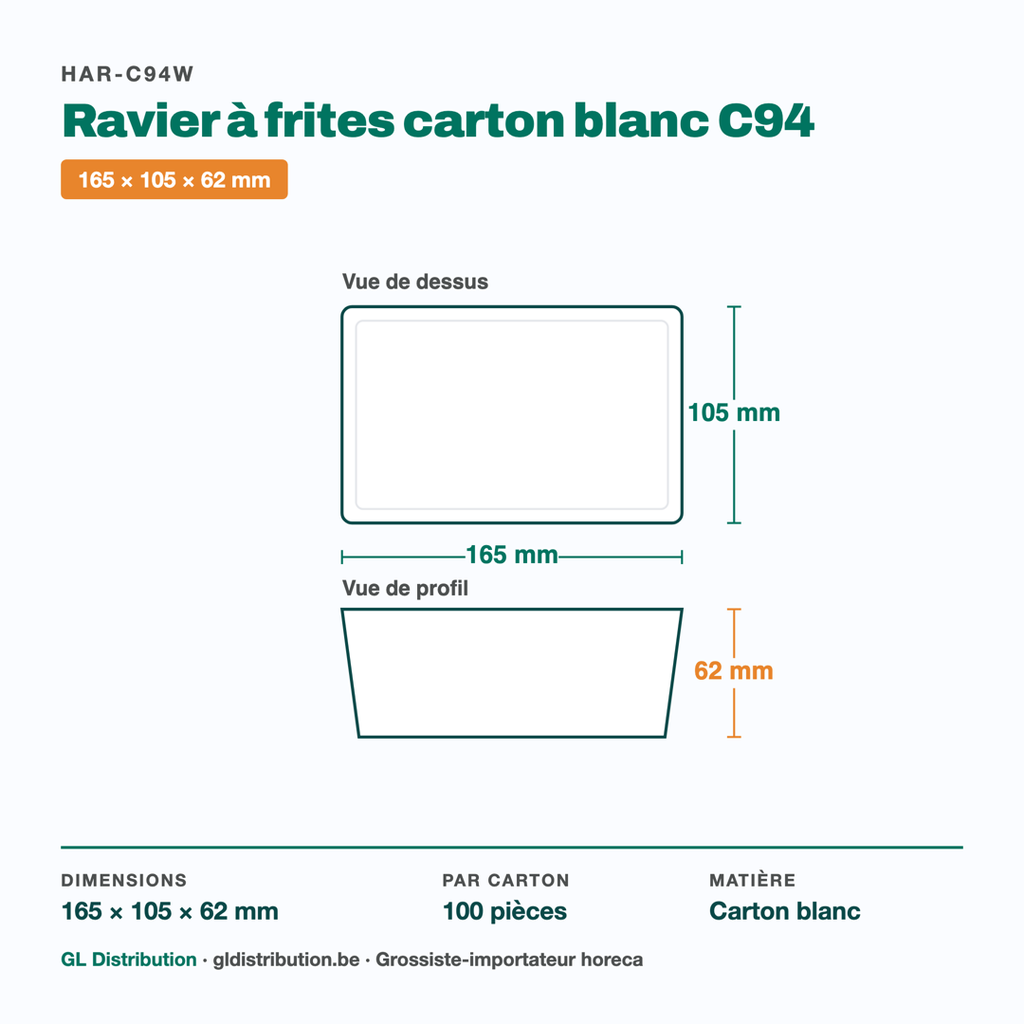 Dimensions du ravier à frites carton C94 : 165 × 105 × 62 mm — 100 pièces par carton